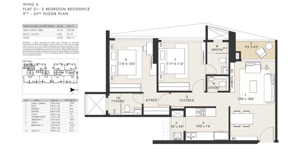 Rustomejee-Vista-Bay-Floor-Plan-3 BHK - 2 BHK - 805 Sqft